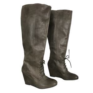 Steve Madden LUXE Taupe Light Brown Tall Leather Lacer Up Pull On Wedge Boots 9